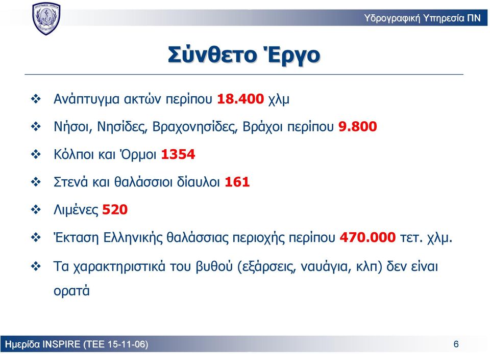 800 Κόλποι και Όρµοι 1354 Στενά και θαλάσσιοι δίαυλοι 161 Λιµένες 520 Έκταση