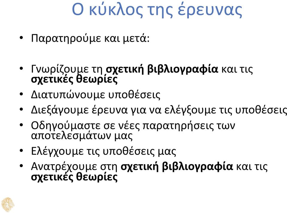 ελέγξουμε τις υποθέσεις Οδηγούμαστε σε νέες παρατηρήσεις των αποτελεσμάτων μας