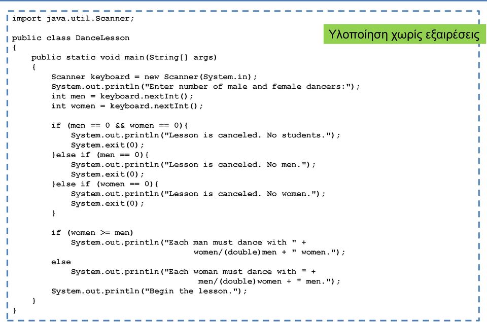 "); System.exit(0); else if (men == 0) System.out.println("Lesson is canceled. No men."); System.exit(0); else if (women == 0) System.out.println("Lesson is canceled. No women."); System.exit(0); Υλοποίηση χωρίς εξαιρέσεις if (women >= men) System.