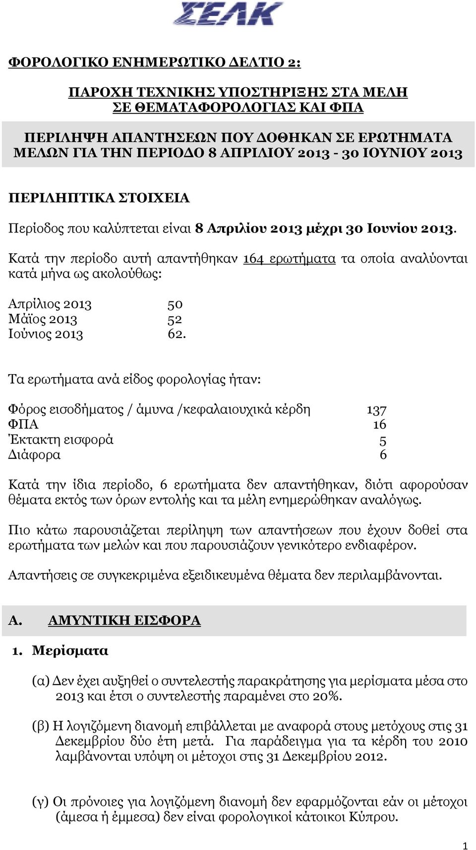 Κατά την περίοδο αυτή απαντήθηκαν 164 ερωτήματα τα οποία αναλύονται κατά μήνα ως ακολούθως: Απρίλιος 2013 50 Μάϊος 2013 52 Ιούνιος 2013 62.