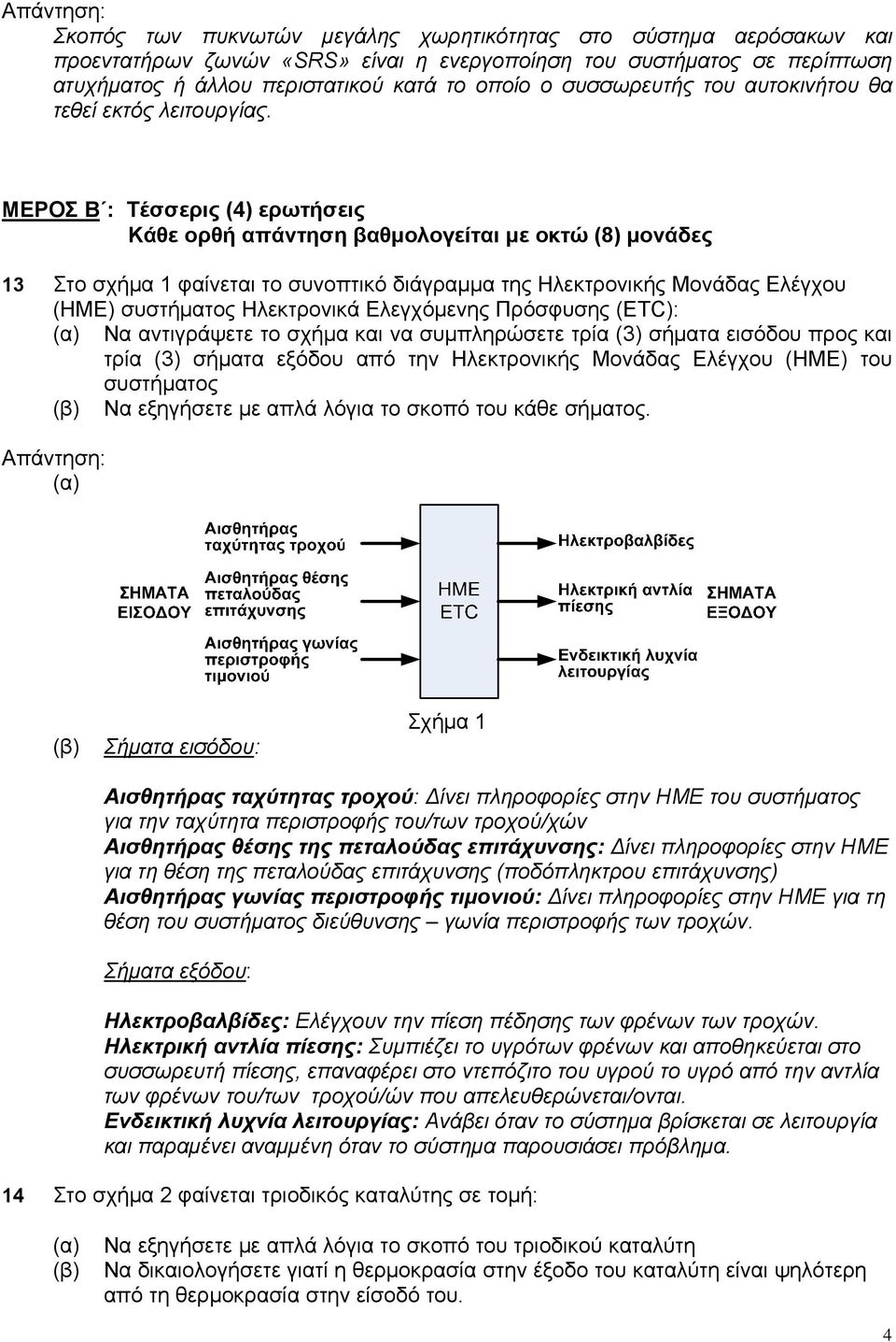 ΜΕΡΟΣ Β : Τέσσερις (4) ερωτήσεις Κάθε ορθή απάντηση βαθμολογείται με οκτώ (8) μονάδες 13 Στο σχήμα 1 φαίνεται το συνοπτικό διάγραμμα της Ηλεκτρονικής Μονάδας Ελέγχου (ΗΜΕ) συστήματος Ηλεκτρονικά