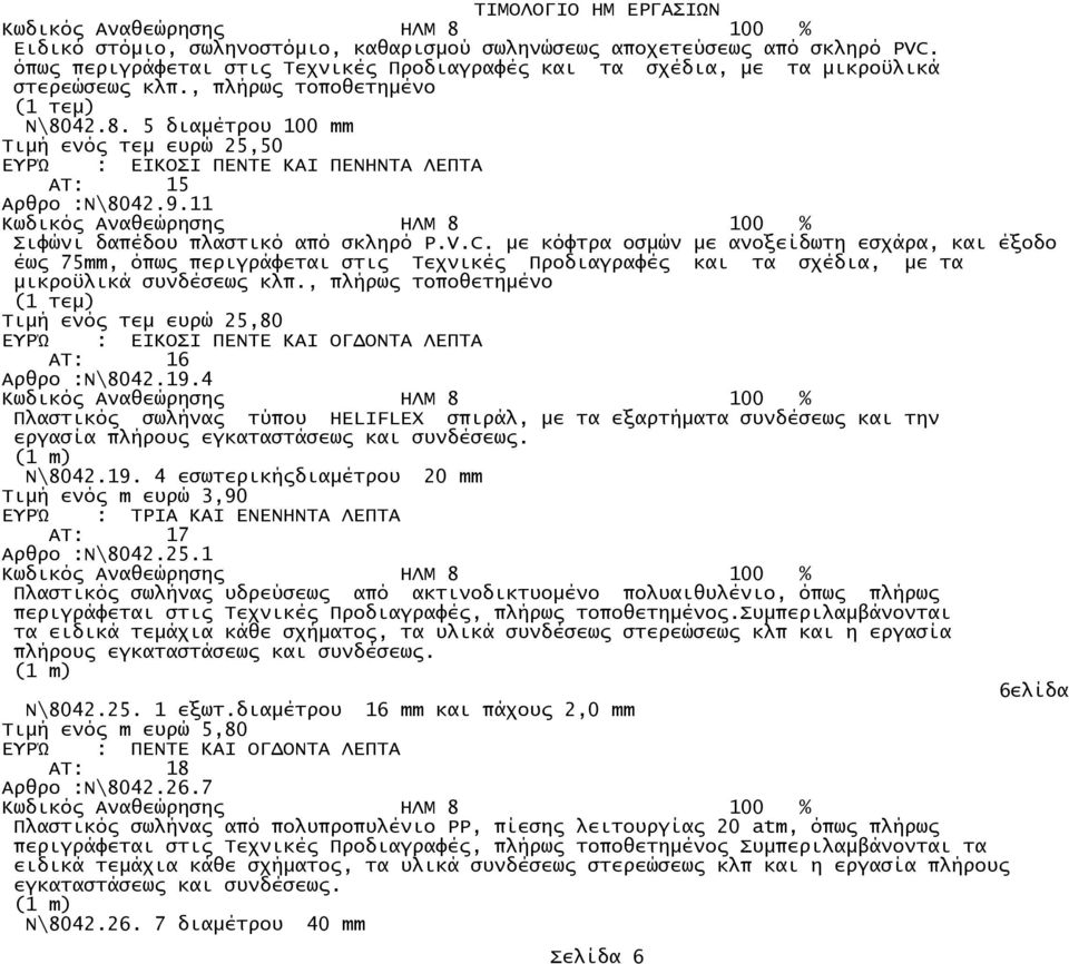 42.8. 5 διαµέτρου 100 mm Τιµή ενός τεµ ευρώ 25,50 ΕΥΡΏ : ΕΙΚΟΣΙ ΠΕΝΤΕ ΚΑΙ ΠΕΝΗΝΤΑ ΛΕΠΤΑ AT: 15 Αρθρο :Ν\8042.9.11 Κωδικός Αναθεώρησης ΗΛΜ 8 100 % Σιφώνι δαπέδου πλαστικό από σκληρό P.V.C.