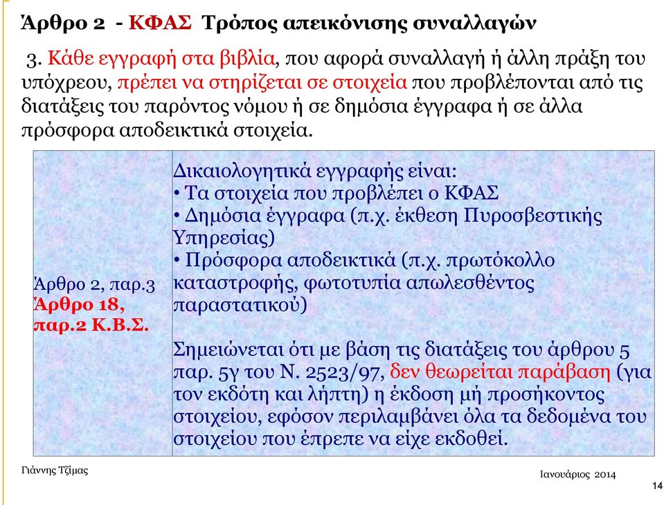 άλλα πρόσφορα αποδεικτικά στοιχεία. Άρθρο 2, παρ.3 Άρθρο 18, παρ.2 Κ.Β.Σ. Δικαιολογητικά εγγραφής είναι: Τα στοιχεία που προβλέπει ο ΚΦΑΣ Δημόσια έγγραφα (π.χ. έκθεση Πυροσβεστικής Υπηρεσίας) Πρόσφορα αποδεικτικά (π.