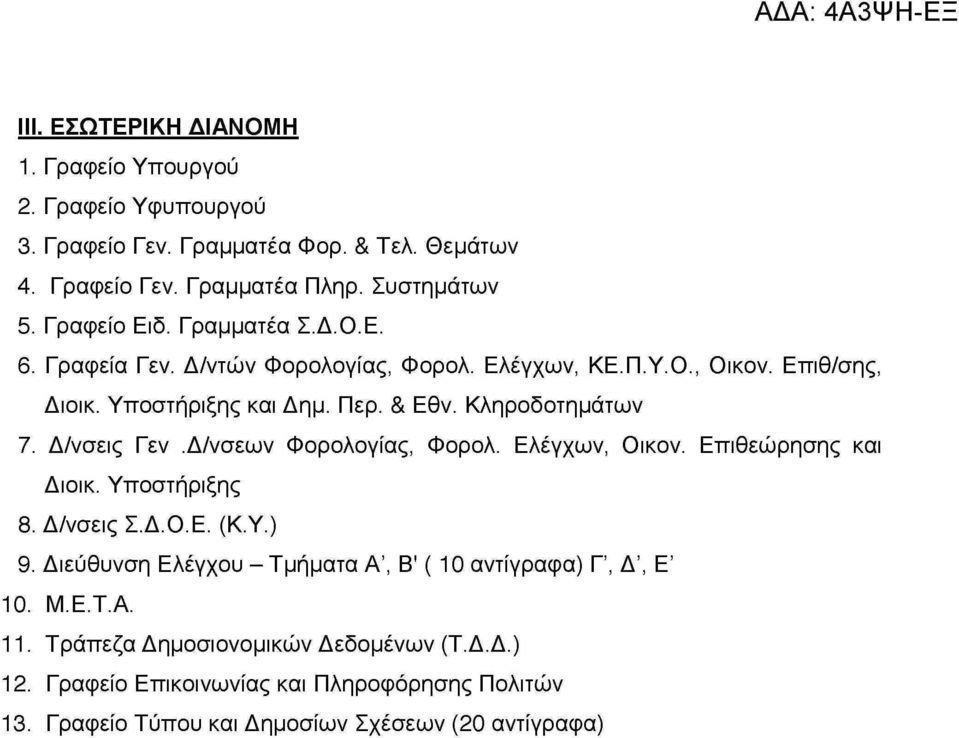 Κληροδοτημάτων 7. Δ/νσεις Γεν.Δ/νσεων Φορολογίας, Φορολ. Ελέγχων, Οικον. Επιθεώρησης και Διοικ. Υποστήριξης 8. Δ/νσειςΣ.Δ.Ο.Ε. (ΚΎ.) 9.