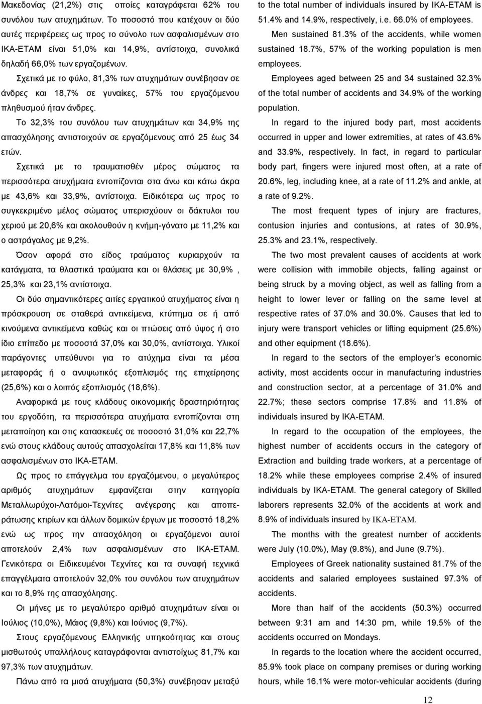 Σχετικά με το φύλο, 81,3 των ατυχημάτων συνέβησαν σε άνδρες και 18,7 σε γυναίκες, 57 του εργαζόμενου πληθυσμού ήταν άνδρες.