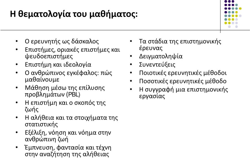 στοιχήματα της στατιστικής Εξέλιξη, νόηση και νόημα στην ανθρώπινη ζωή Έμπνευση, φαντασία και τέχνη στην αναζήτηση της αλήθειας Τα