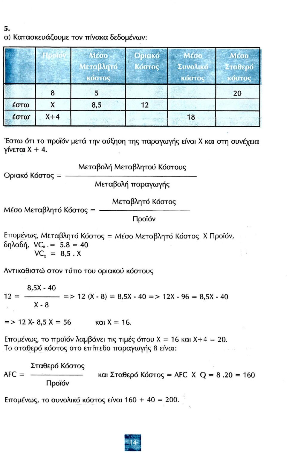 a. = 5.8 = 40 VC X = 8,5.Χ Αντικαθιστώ στον τύπο του οριακού κόστους 8,5Χ - 40 12 = => 12 (Χ - 8) = 8,5Χ - 40 => 12Χ-96 = 8,5Χ - 40 Χ - 8 = > 12 Χ- 8,5 Χ = 56 και Χ =16.