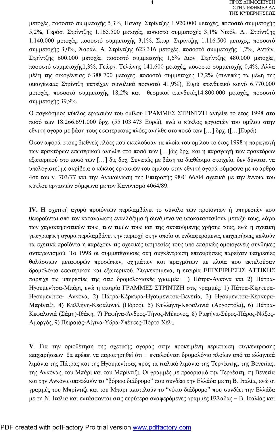 000 μετοχές, ποσοστό συμμετοχής 1,6% Διον. Στρίντζης 480.000 μετοχές, ποσοστό συμμετοχής1,3%, Γεώργ. Τελώνης 141.600 μετοχές, ποσοστό συμμετοχής 0,4%, Άλλα μέλη της οικογένειας 6.388.