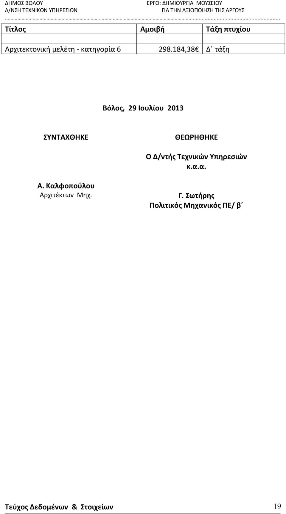 Δ/ντής Τεχνικών Υπηρεσιών κ.α.α. Α. Καλφοπούλου Αρχιτέκτων Μηχ.