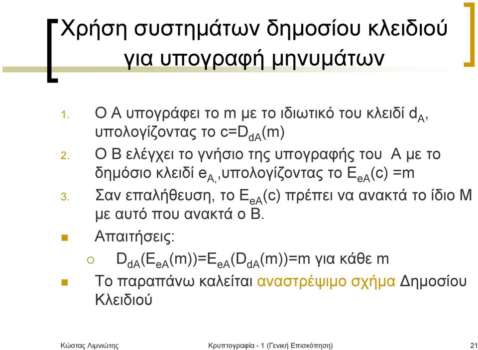 Ο B ελέγχει το γνήσιο της υπογραφής του A με το δημόσιο κλειδί e A,,υπολογίζοντας το E ea (c) =m 3.