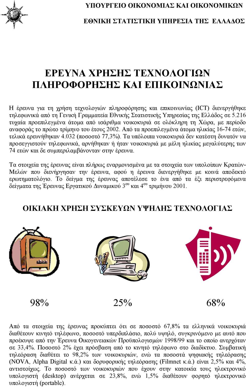 216 τυχαία προεπιλεγµένα άτοµα από ισάριθµα νοικοκυριά σε ολόκληρη τη Χώρα, µε περίοδο αναφοράς το πρώτο τρίµηνο του έτους 2002. Από τα προεπιλεγµένα άτοµα ηλικίας 16-74 ετών, τελικά ερευνήθηκαν 4.