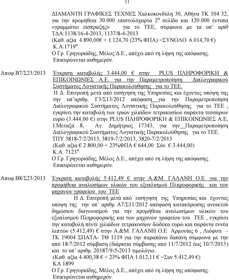 Β7/Σ23/2013 Έγκριση καταβολής 3.444,00 στην PLUS ΠΛΗΡΟΦΟΡΙΚΗ & ΕΠΙΚΟΙΝΩΝΙΕΣ Α.Ε. για την Παραμετροποίηση Διπλογραφικού Συστήματος Λογιστικής Παρακολούθησης για το ΤΕΕ. Η Δ.