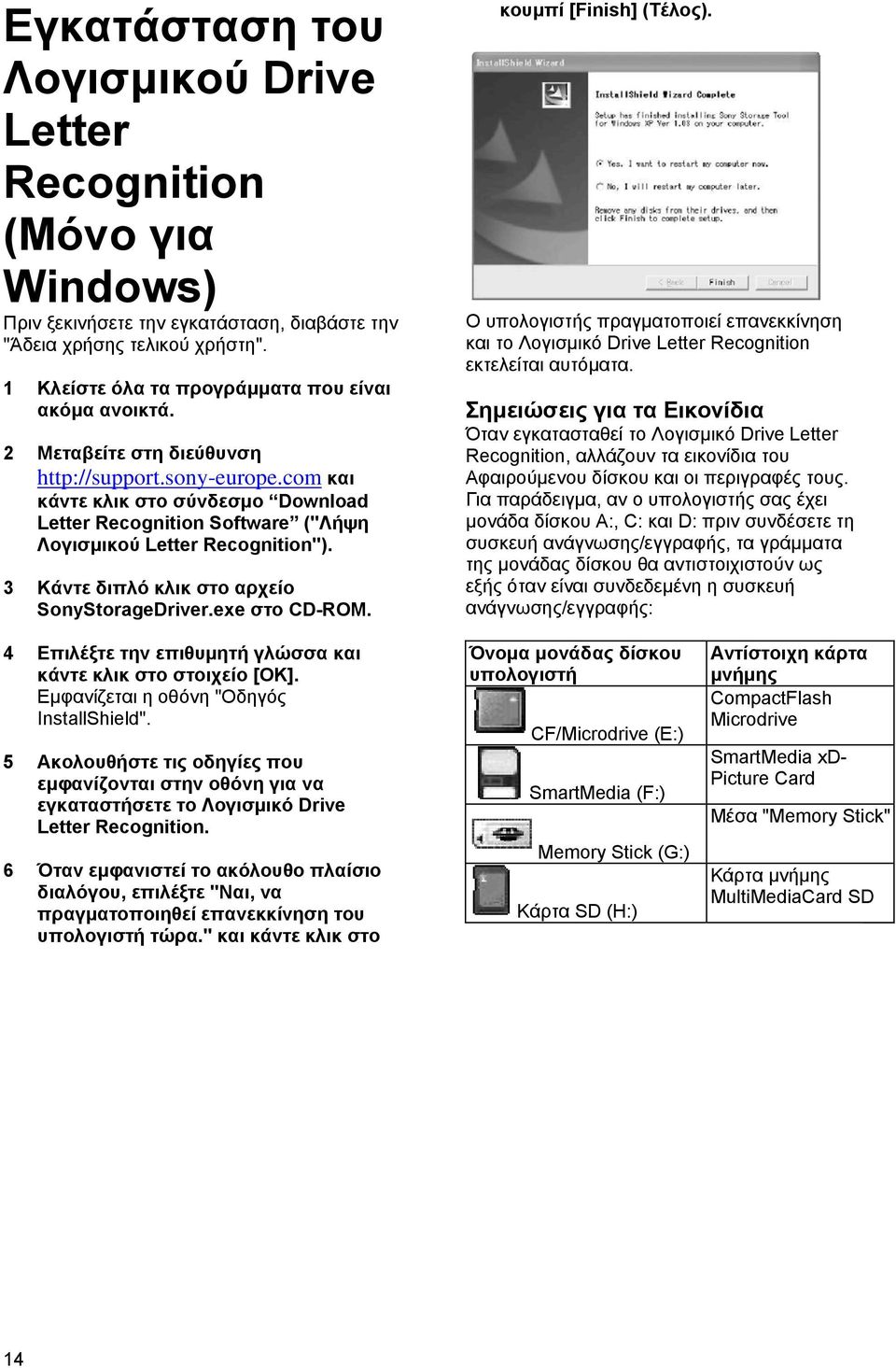 com και κάντε κλικ στο σύνδεσμο Download Letter Recognition Software ("Λήψη Λογισμικού Letter Recognition"). 3 Κάντε διπλό κλικ στο αρχείο SonyStorageDriver.exe στο CD-ROM. κουμπί [Finish] (Τέλος).