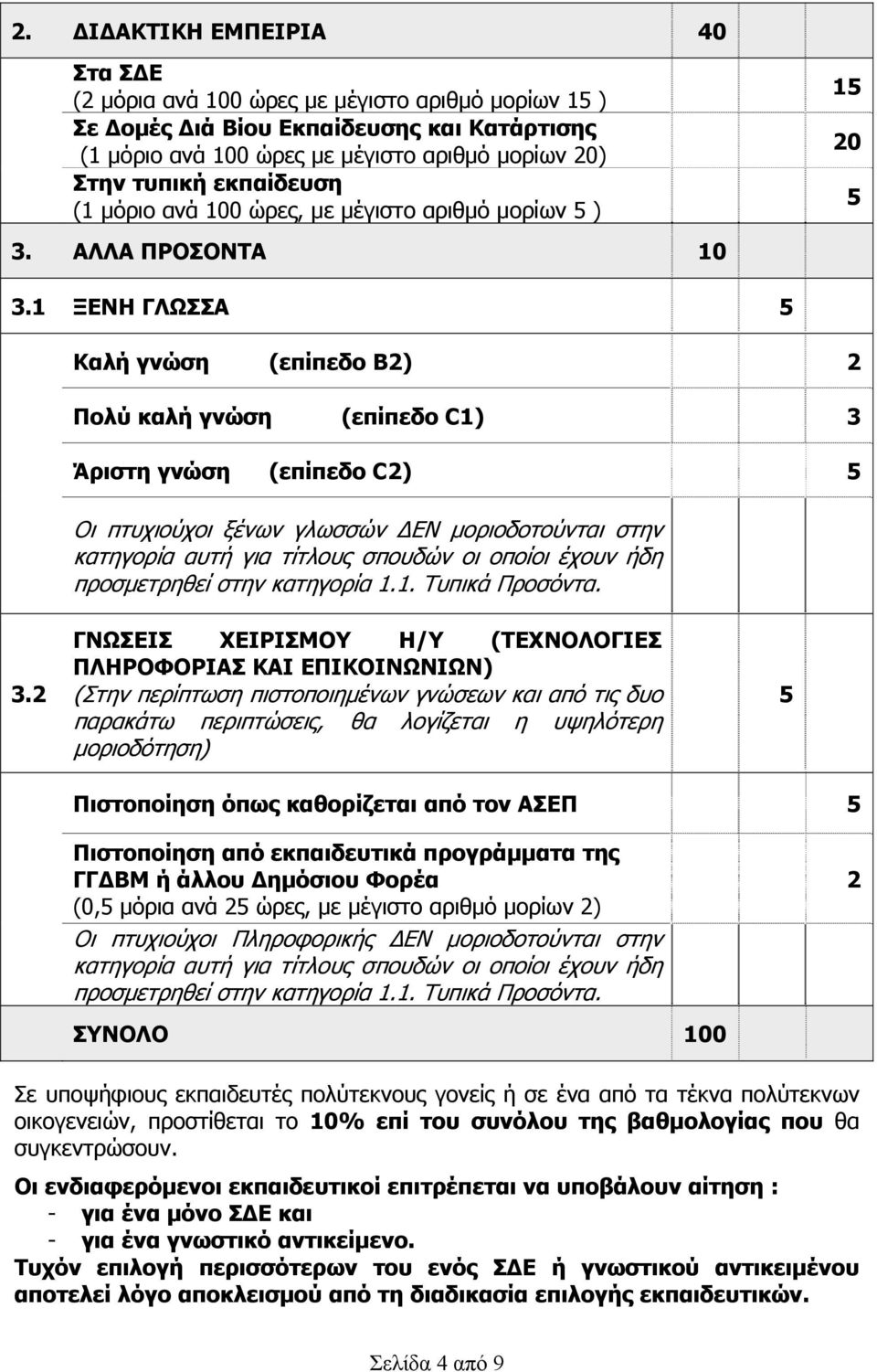 1 ΞΕΝΗ ΓΛΩΣΣΑ 5 Καλή γνώση (επίπεδο Β2) 2 Πολύ καλή γνώση (επίπεδο C1) 3 Άριστη γνώση (επίπεδο C2) 5 Οι πτυχιούχοι ξένων γλωσσών ΔΕΝ μοριοδοτούνται στην κατηγορία αυτή για τίτλους σπουδών οι οποίοι