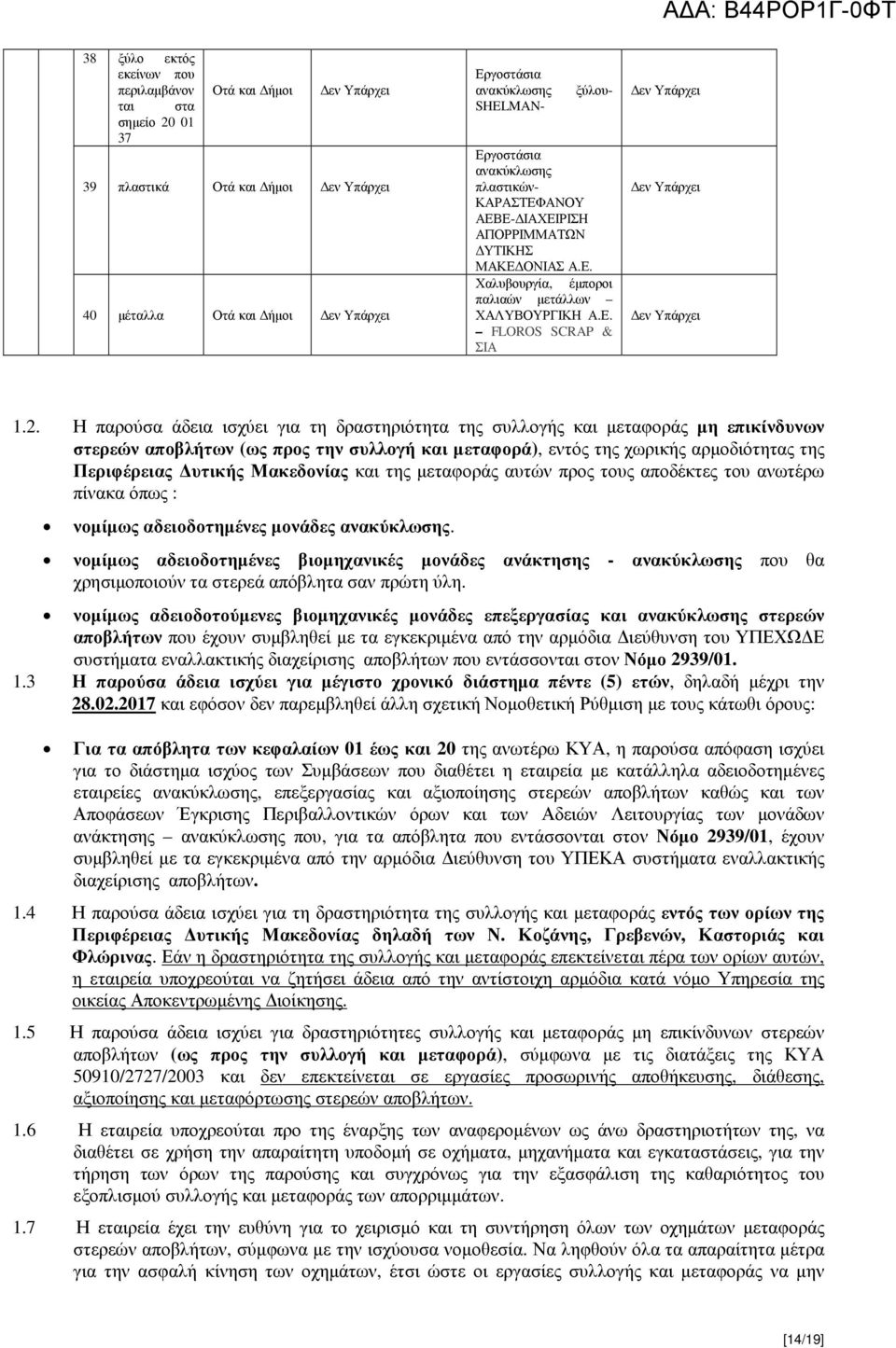Η παρούσα άδεια ισχύει για τ δραστριόττα τς συλλογής και µεταφοράς µ επικίνδυνων στερεών (ως προς τν συλλογή και µεταφορά), εντός τς χωρικής αρµοδιόττας τς Περιφέρειας υτικής Μακεδονίας και τς