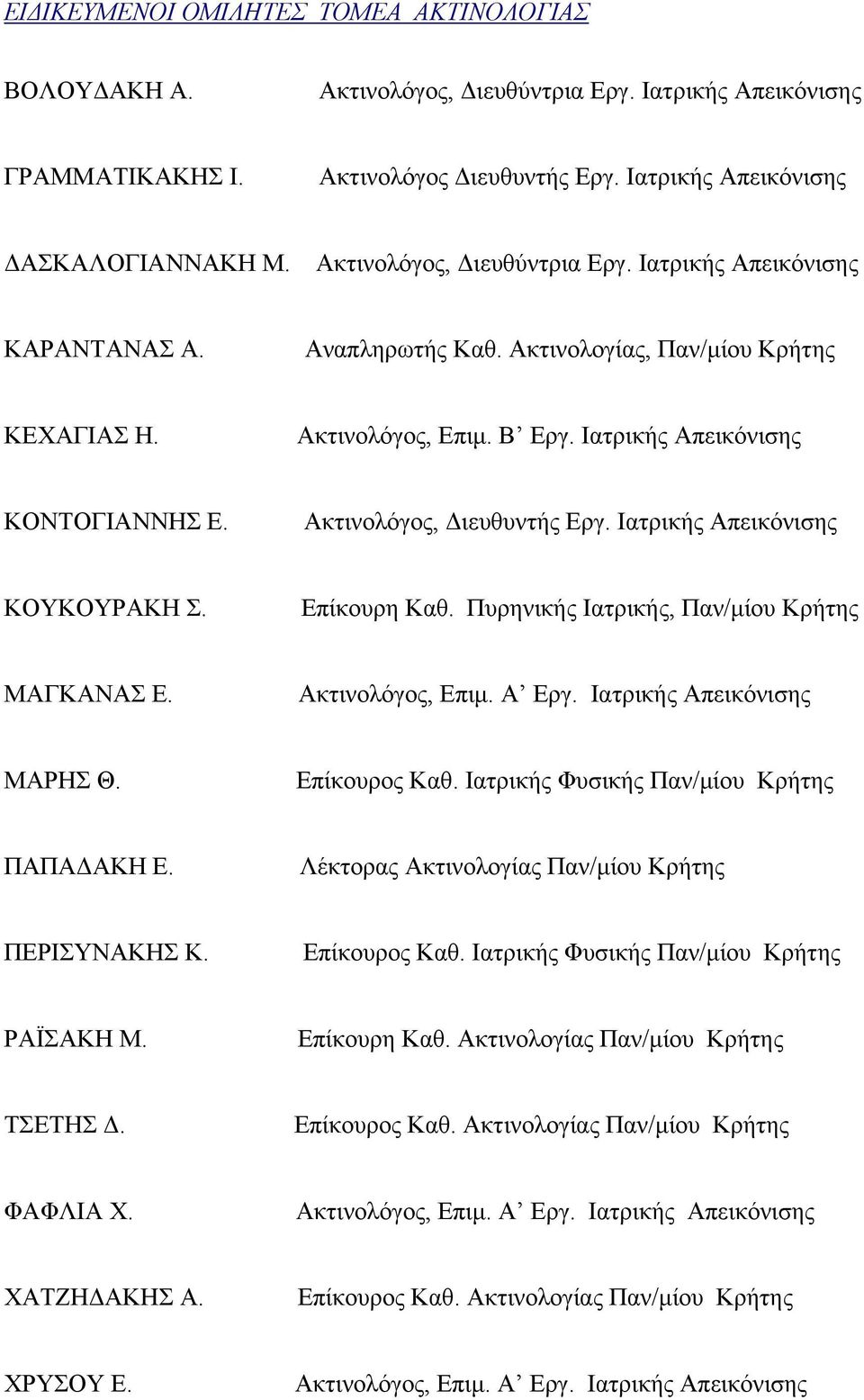 Ακτινολόγος, Διευθυντής Εργ. Ιατρικής Απεικόνισης ΚΟΥΚΟΥΡΑΚΗ Σ. Επίκουρη Καθ. Πυρηνικής Ιατρικής, Παν/μίου Κρήτης ΜΑΓΚΑΝΑΣ Ε. Ακτινολόγος, Επιμ. Α Εργ. Ιατρικής Απεικόνισης ΜΑΡΗΣ Θ. Επίκουρος Καθ.