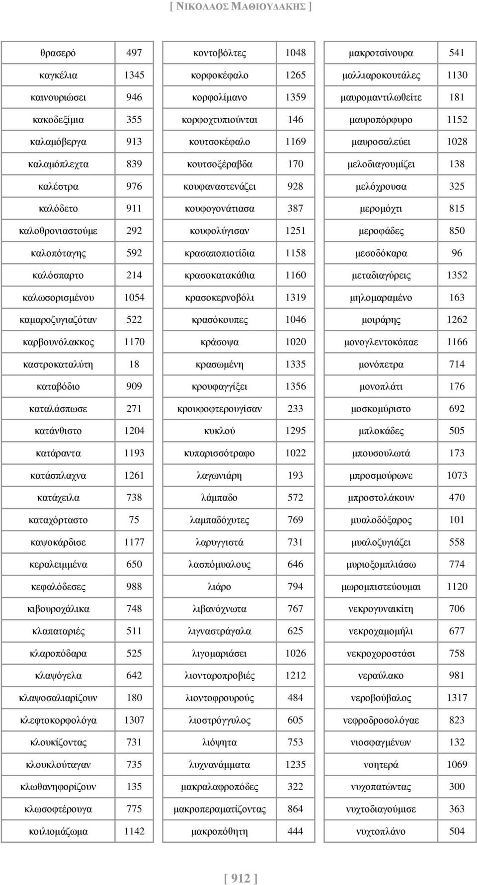 1177 κεραλειμμένα 650 κεφαλόδεσες 988 κιβουροχάλικα 748 κλαπαταριές 511 κλαροπόδαρα 525 κλαψόγελα 642 κλαψοσαλιαρίζουν 180 κλεφτοκορφολόγα 1307 κλουκίζοντας 731 κλουκλούταγαν 735 κλωθανηφορίζουν 135