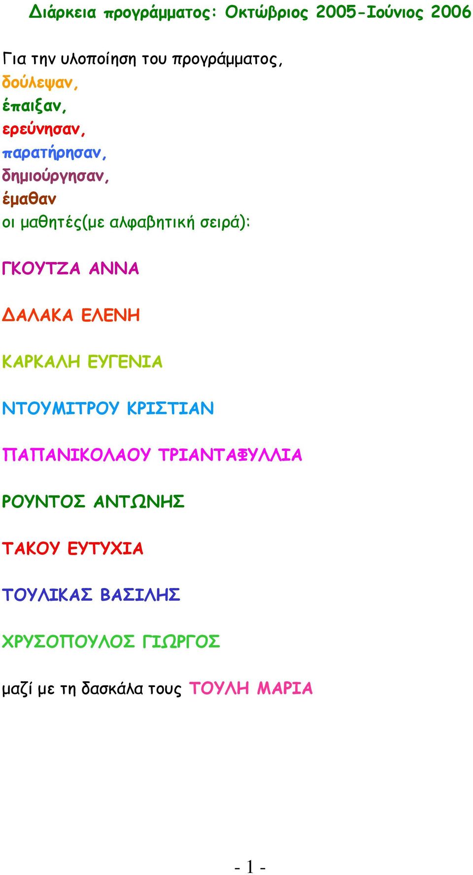 σειρά): ΓΚΟΥΤΖΑ ΑΝΝΑ ΑΛΑΚΑ ΕΛΕΝΗ ΚΑΡΚΑΛΗ ΕΥΓΕΝΙΑ ΝΤΟΥΜΙΤΡΟΥ ΚΡΙΣΤΙΑΝ ΠΑΠΑΝΙΚΟΛΑΟΥ