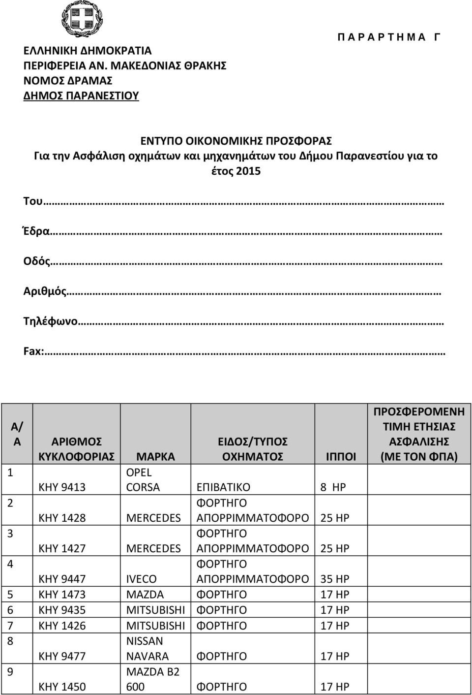 για το έτος 2015 Του Έδρα Οδός Αριθμός Τηλέφωνο Fax: Α/ Α ΑΡΙΘΜΟΣ ΕΙΔΟΣ/ΤΥΠΟΣ ΚΥΚΛΟΦΟΡΙΑΣ ΜΑΡΚΑ ΟΧΗΜΑΤΟΣ ΙΠΠΟΙ 1 OPEL ΚΗΥ 9413 CORSA ΕΠΙΒΑΤΙΚΟ 8 HP 2 ΚΗΥ 1428