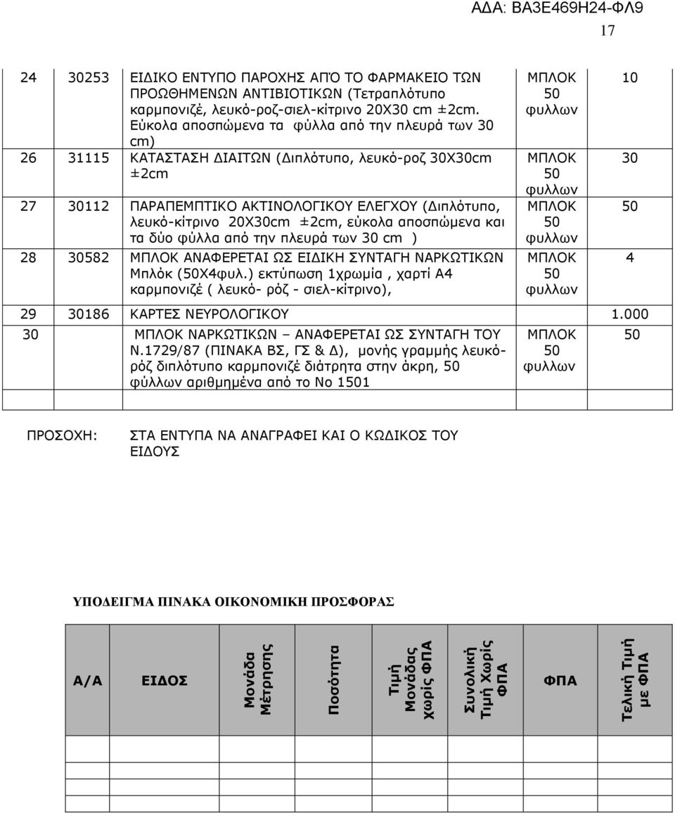 Εύκολα αποσπώμενα τα φύλλα από την πλευρά των 30 cm) 26 31115 ΚΑΤΑΣΤΑΣΗ ΔΙΑΙΤΩΝ (Διπλότυπο, λευκό-ροζ 30Χ30cm ±2cm 27 30112 ΠΑΡΑΠΕΜΠΤΙΚΟ ΑΚΤΙΝΟΛΟΓΙΚΟΥ ΕΛΕΓΧΟΥ (Διπλότυπο, λευκό-κίτρινο 20Χ30cm ±2cm,