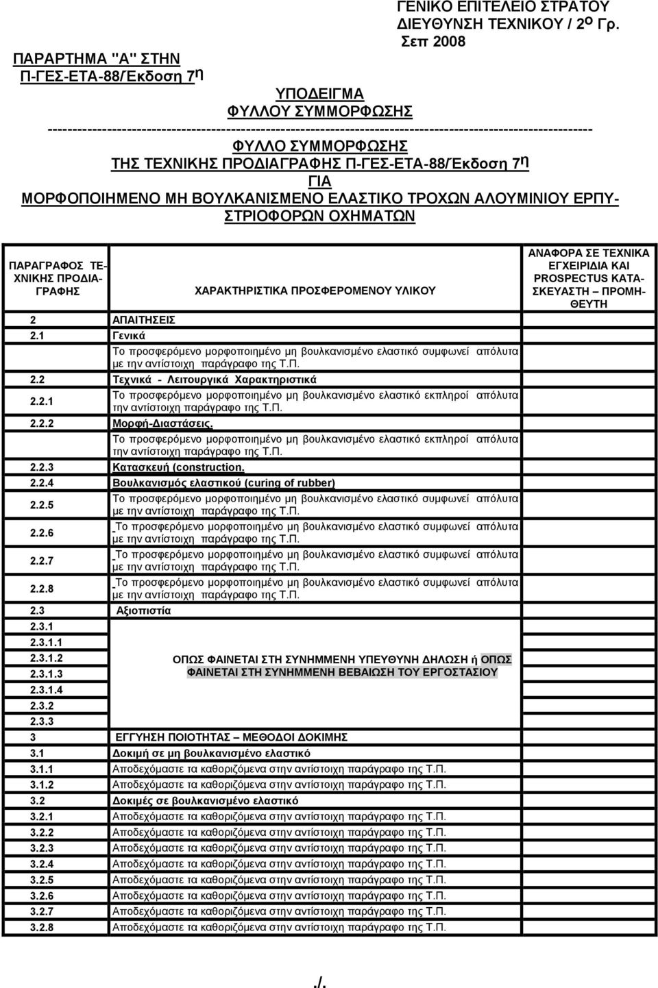 Π-ΓΕΣ-ΕΤΑ-88/Έκδοση 7 η ΓΙΑ ΜΟΡΦΟΠΟΙΗΜΕΝΟ ΜΗ ΒΟΥΛΚΑΝΙΣΜΕΝΟ ΕΛΑΣΤΙΚΟ ΤΡΟΧΩΝ ΑΛΟΥΜΙΝΙΟΥ ΕΡΠΥ- ΣΤΡΙΟΦΟΡΩΝ ΟΧΗΜΑΤΩΝ ΠΑΡΑΓΡΑΦΟΣ ΤΕ- ΧΝΙΚΗΣ ΠΡΟΔΙΑ- ΓΡΑΦΗΣ 2 ΑΠΑΙΤΗΣΕΙΣ ΧΑΡΑΚΤΗΡΙΣΤΙΚΑ ΠΡΟΣΦΕΡΟΜΕΝΟΥ ΥΛΙΚΟΥ 2.