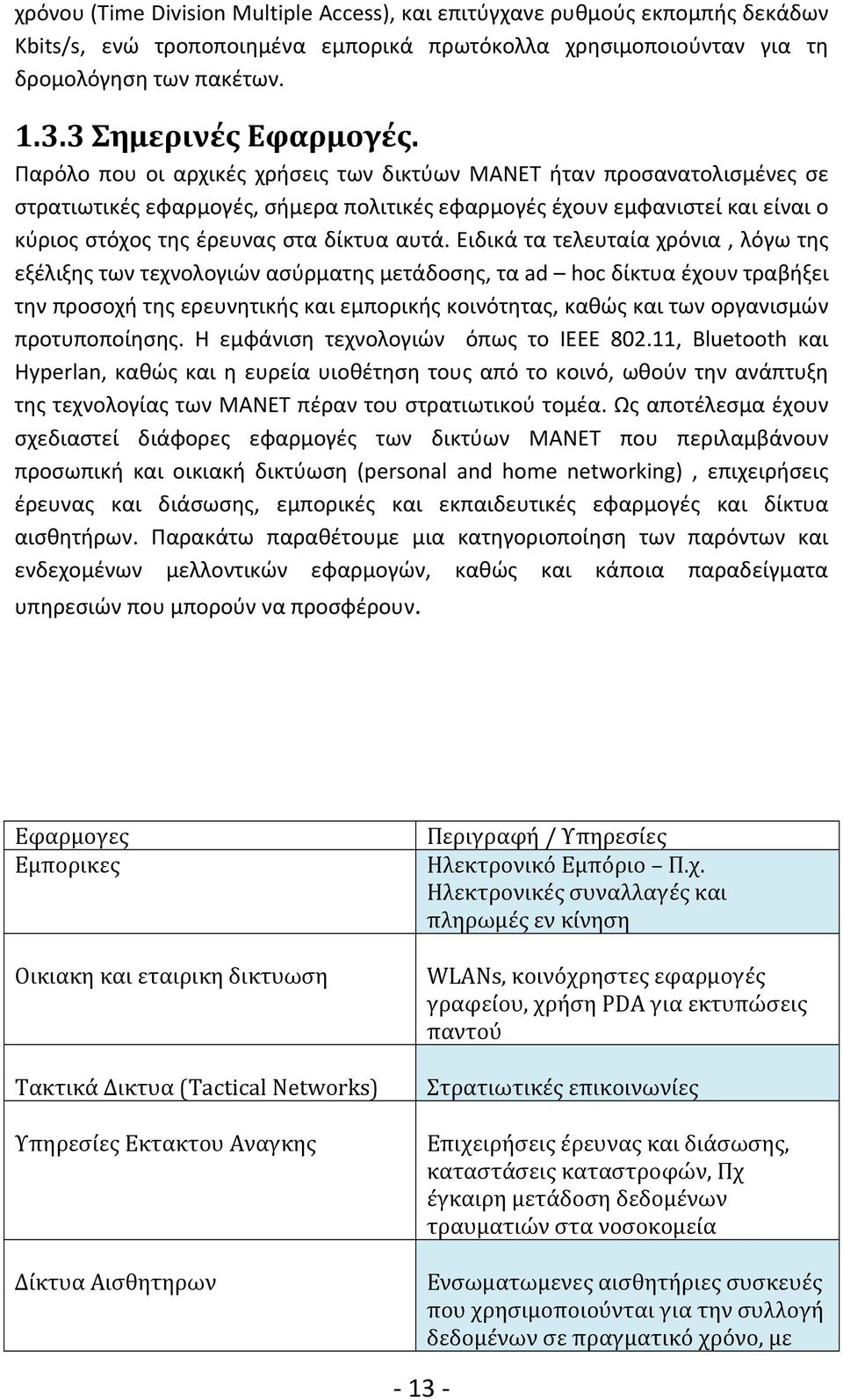 Παρόλο που οι αρχικές χρήσεις των δικτύων MANET ήταν προσανατολισμένες σε στρατιωτικές εφαρμογές, σήμερα πολιτικές εφαρμογές έχουν εμφανιστεί και είναι ο κύριος στόχος της έρευνας στα δίκτυα αυτά.