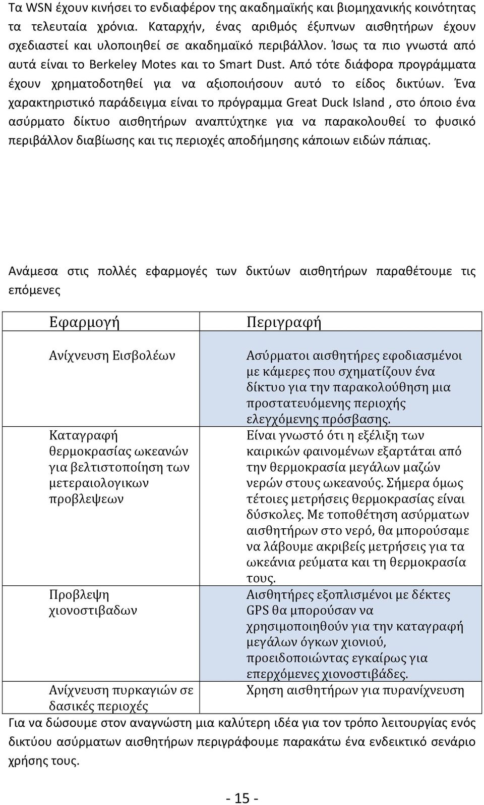 Ένα χαρακτηριστικό παράδειγμα είναι το πρόγραμμα Great Duck Island, στο όποιο ένα ασύρματο δίκτυο αισθητήρων αναπτύχτηκε για να παρακολουθεί το φυσικό περιβάλλον διαβίωσης και τις περιοχές αποδήμησης