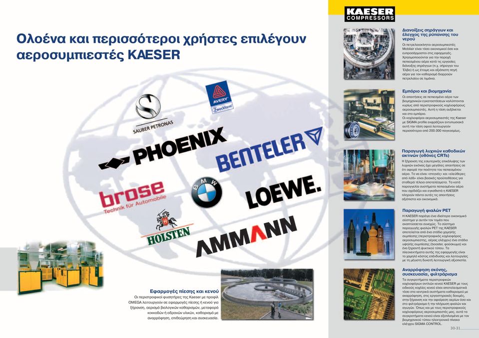 Εµπόριο και βιοµηχανία Οι απαιτήσεις σε πεπιεσµένο αέρα των βιοµηχανικών εγκαταστάσεων καλύπτονται κυρίως από περιστροφικούς κοχλιοφόρους αεροσυµπιεστές. Αυτή η τάση αυξάνεται και στο εµπόριο.