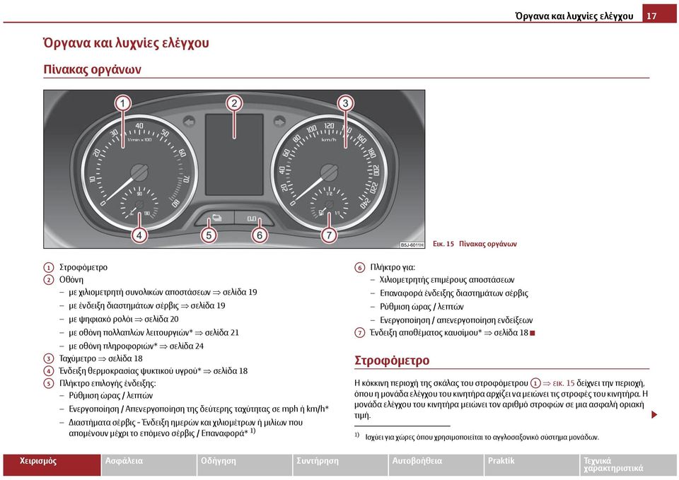 σελίδα 21 με οθόνη πληροφοριών* σελίδα 24 Ταχύμετρο σελίδα 18 Ένδειξη θερμοκρασίας ψυκτικού υγρού* σελίδα 18 Πλήκτρο επιλογής ένδειξης: Ρύθμιση ώρας / λεπτών Ενεργοποίηση / Απενεργοποίηση της