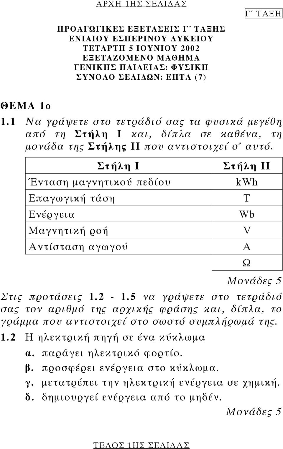 Στήλη Ι Ένταση µαγνητικού πεδίου Επαγωγική τάση Ενέργεια Μαγνητική ροή Αντίσταση αγωγού Στήλη ΙΙ kwh T Wb Στις προτάσεις 1.2-1.