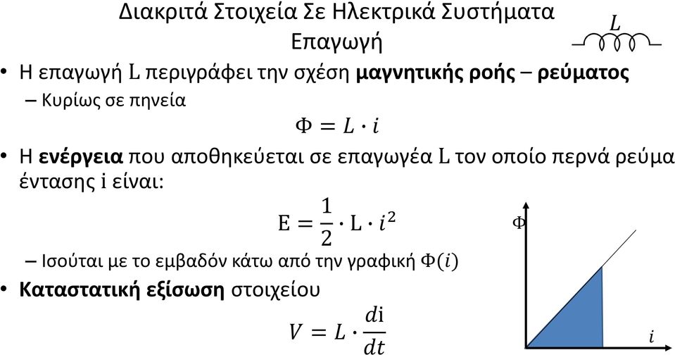 αποθηκεύεται σε επαγωγέα L τον οποίο περνά ρεύμα έντασης i είναι: L Ε = 1 2 L i2