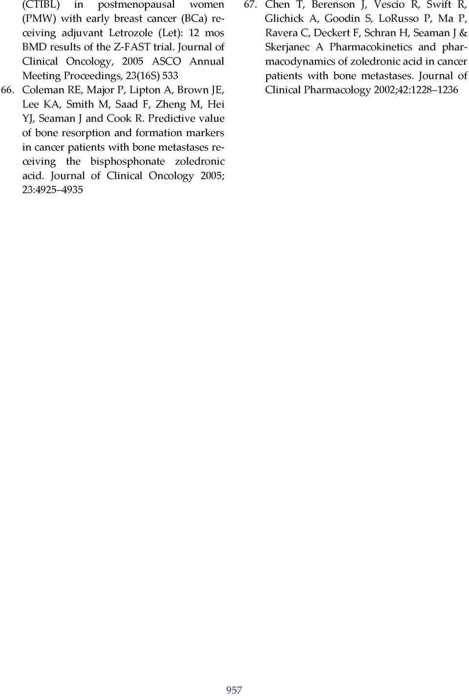 Predictive value of bone resorption and formation markers in cancer patients with bone metastases receiving the bisphosphonate zoledronic acid. Journal of Clinical Oncology 2005; 23:4925 4935 67.