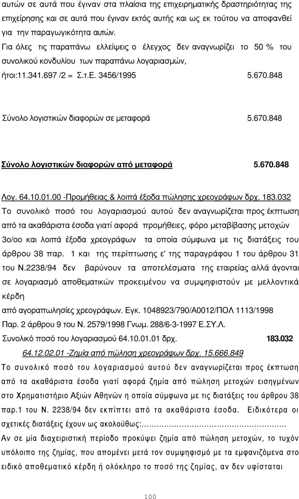 848 Σύνολο λογιστικών διαφορών σε μεταφορά 5.670.848 Σύνολο λογιστικών διαφορών από μεταφορά 5.670.848 Λογ. 64.10.01.00 -Προμήθειας & λοιπά έξοδα πώλησης χρεογράφων δρχ. 183.