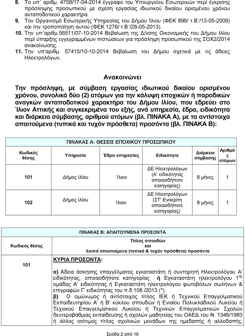 56511/07-10-2014 Βεβαίωση της /νσης Οικονοµικής του ήµου Ιλίου περί ύπαρξης εγγεγραµµένων πιστώσεων για πρόσληψη προσωπικού της ΣΟΧ2/2014 ανακοίνωσης. 11. Την υπ αριθµ.
