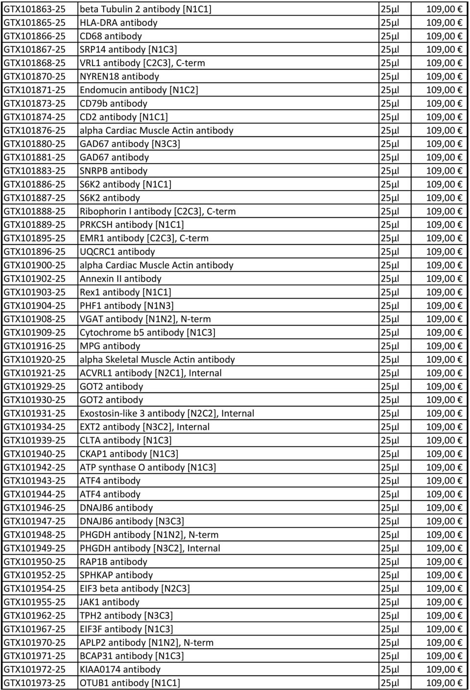[N1C1] 25μl 109,00 GTX101876-25 alpha Cardiac Muscle Actin antibody 25μl 109,00 GTX101880-25 GAD67 antibody [N3C3] 25μl 109,00 GTX101881-25 GAD67 antibody 25μl 109,00 GTX101883-25 SNRPB antibody 25μl