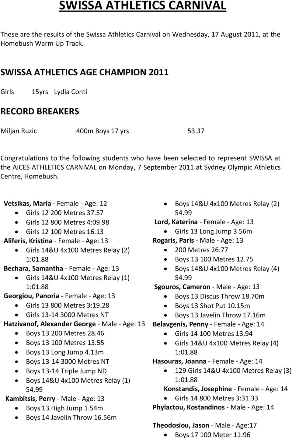 37 Congratulations to the following students who have been selected to represent SWISSA at the AICES ATHLETICS CARNIVAL on Monday, 7 September 2011 at Sydney Olympic Athletics Centre, Homebush.