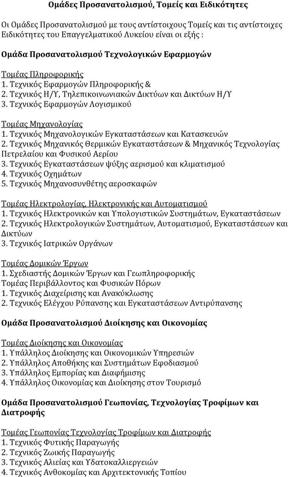 Τεχνικός Μηχανολογικών Εγκαταστάσεων και Κατασκευών 2. Τεχνικός Μηχανικός Θερμικών Εγκαταστάσεων & Μηχανικός Τεχνολογίας Πετρελαίου και Φυσικού Αερίου 3.