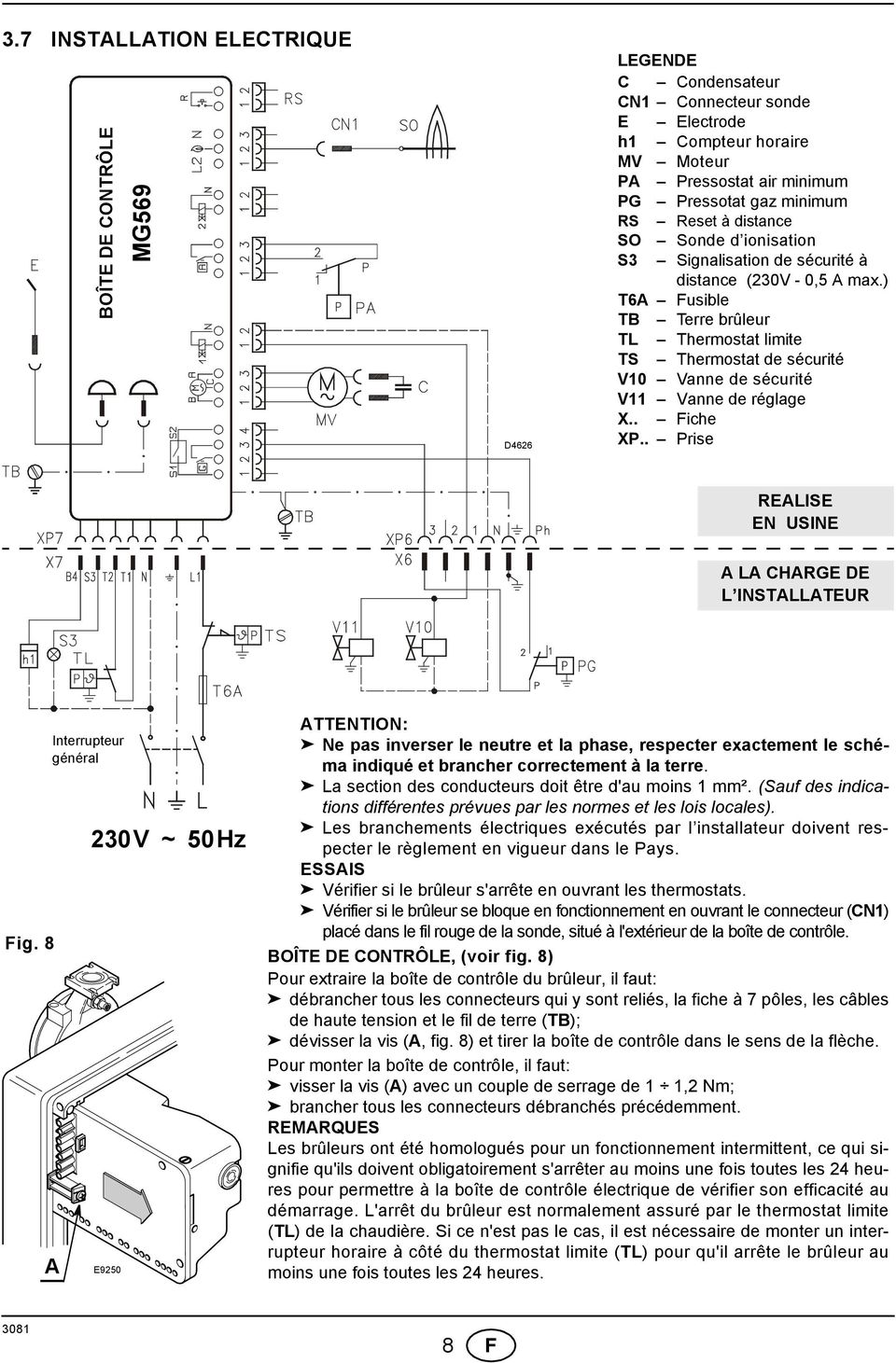 ) T6A Fusible TB Terre brûleur TL Thermostat limite TS Thermostat de sécurité V10 Vanne de sécurité V11 Vanne de réglage X.. Fiche XP.. Prise REALISE EN USINE A LA CHARGE DE L INSTALLATEUR Fig.