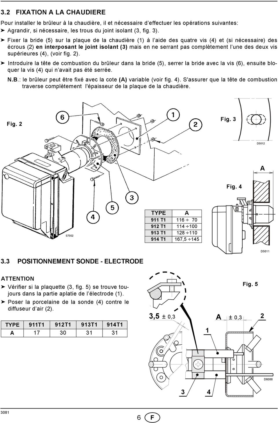 deux vis supérieures (4), (voir fig. 2). Introduire la tête de combustion du brûleur dans la bride (5), serrer la bride avec la vis (6), ensuite bloquer la vis (4) qui n avait pas été serrée. N.B.