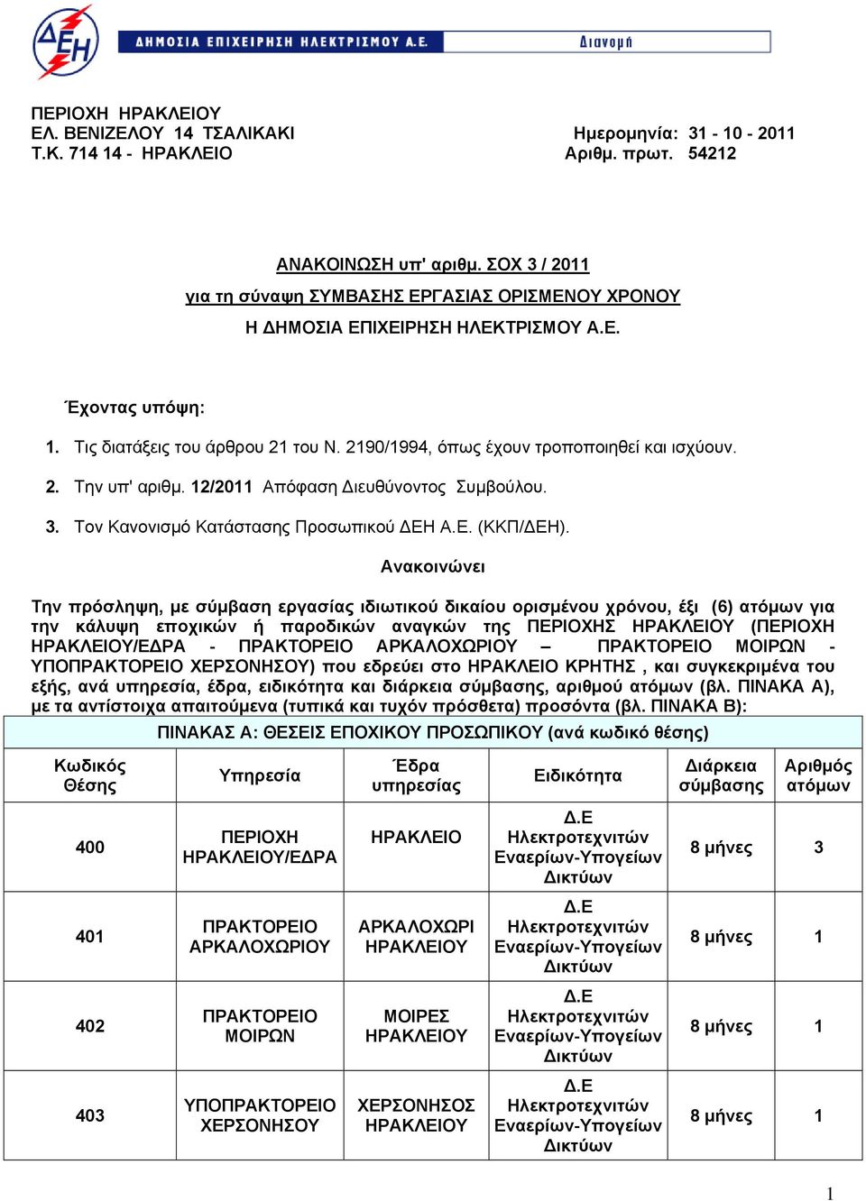 2. Την υπ' αριθμ. 12/2011 Απόφαση Διευθύνοντος Συμβούλου. 3. Τον Κανονισμό Κατάστασης Προσωπικού ΔΕΗ Α.Ε. (ΚΚΠ/ΔΕΗ).