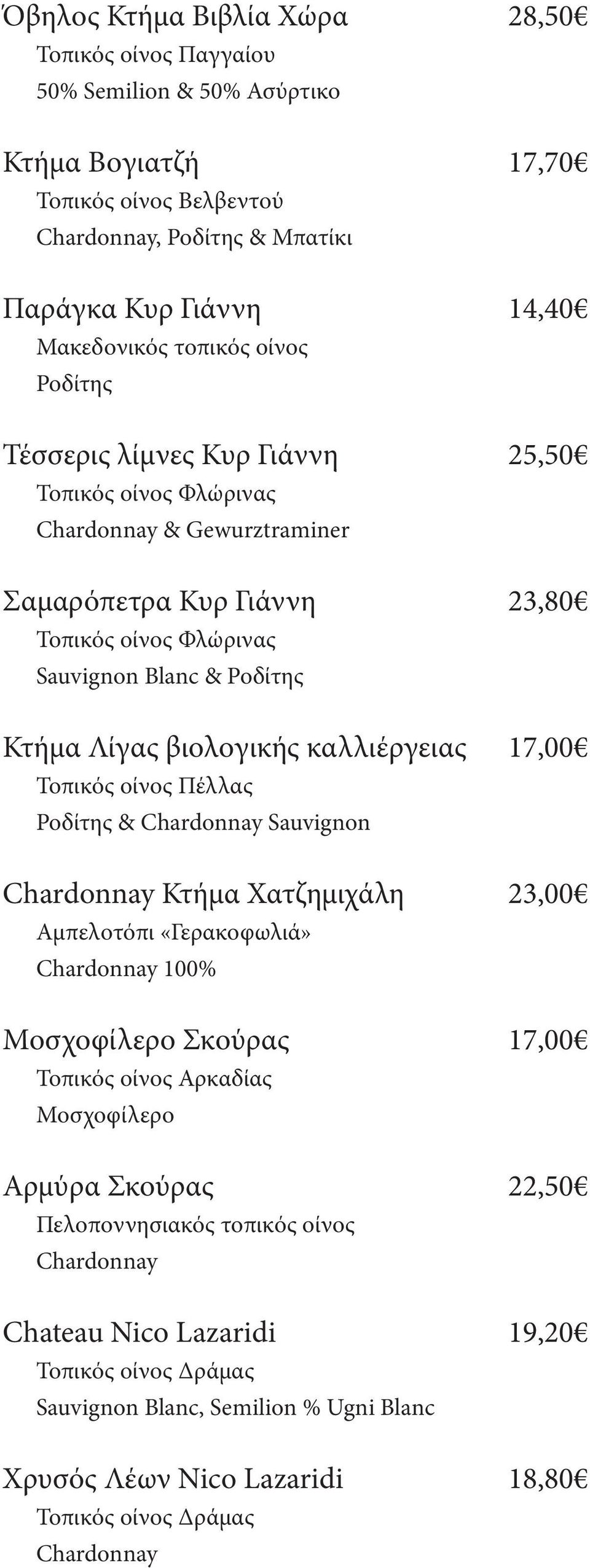 Τοπικός οίνος Πέλλας Ροδίτης & Chardonnay Sauvignon Chardonnay Κτήμα Χατζημιχάλη Αμπελοτόπι «Γερακοφωλιά» Chardonnay 100% Μοσχοφίλερο Σκούρας Τοπικός οίνος Αρκαδίας Μοσχοφίλερο Αρμύρα Σκούρας