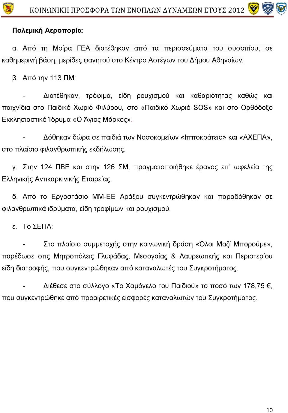 Από την 113 ΠΜ: - Διατέθηκαν, τρόφιμα, είδη ρουχισμού και καθαριότητας καθώς και παιχνίδια στο Παιδικό Χωριό Φιλύρου, στο «Παιδικό Χωριό SOS» και στο Ορθόδοξο Εκκλησιαστικό Ίδρυμα «Ο Άγιος Μάρκος».