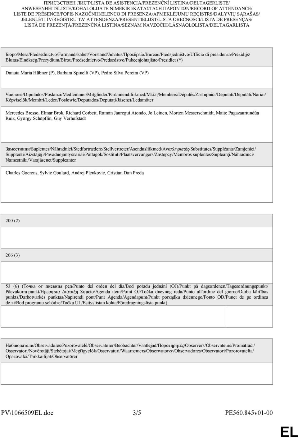 NAVZOČIH/LÄSNÄOLOLISTA/DTAGARLISTA Бюро/Mesa/Předsednictvo/Formandskabet/Vorstand/Juhatus/Προεδρείο/Bureau/Predsjedništvo/Ufficio di presidenza/prezidijs/