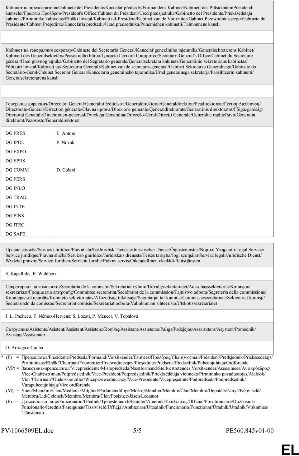 Presidente/Cabinet Preşedinte/Kancelária predsedu/urad predsednika/puhemiehen kabinetti/talmannens kansli Кабинет на генералния секретар/gabinete del Secretario General/Kancelář generálního