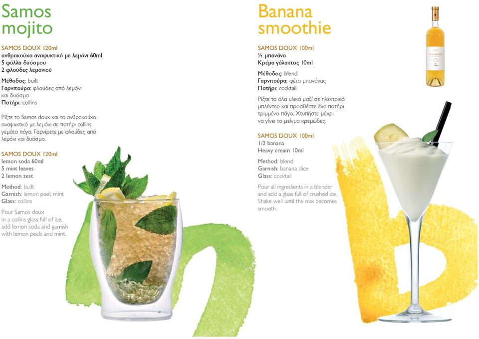 SAMOS DOUX 120ml lemon soda 60ml 5 mint leaves 2 lemon zest Garnish: lemon peel, mint Glass: collins Pour Samos doux in a collins glass full of ice, add lemon soda and garnish with lemon peels and