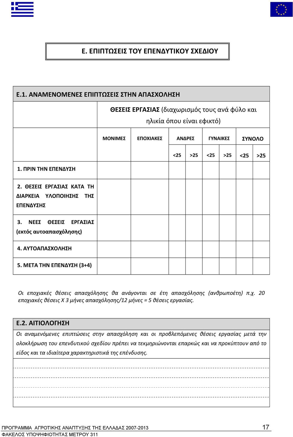 ΠΡΙΝ ΤΗΝ ΕΠΕΝΔΥΣΗ 2. ΘΕΣΕΙΣ ΕΡΓΑΣΙΑΣ ΚΑΤΑ ΤΗ ΔΙΑΡΚΕΙΑ ΥΛΟΠΟΙΗΣΗΣ ΤΗΣ ΕΠΕΝΔΥΣΗΣ 3. ΝΕΕΣ ΘΕΣΕΙΣ ΕΡΓΑΣΙΑΣ (εκτός αυτοαπασχόλησης) 4. ΑΥΤΟΑΠΑΣΧΟΛΗΣΗ 5.