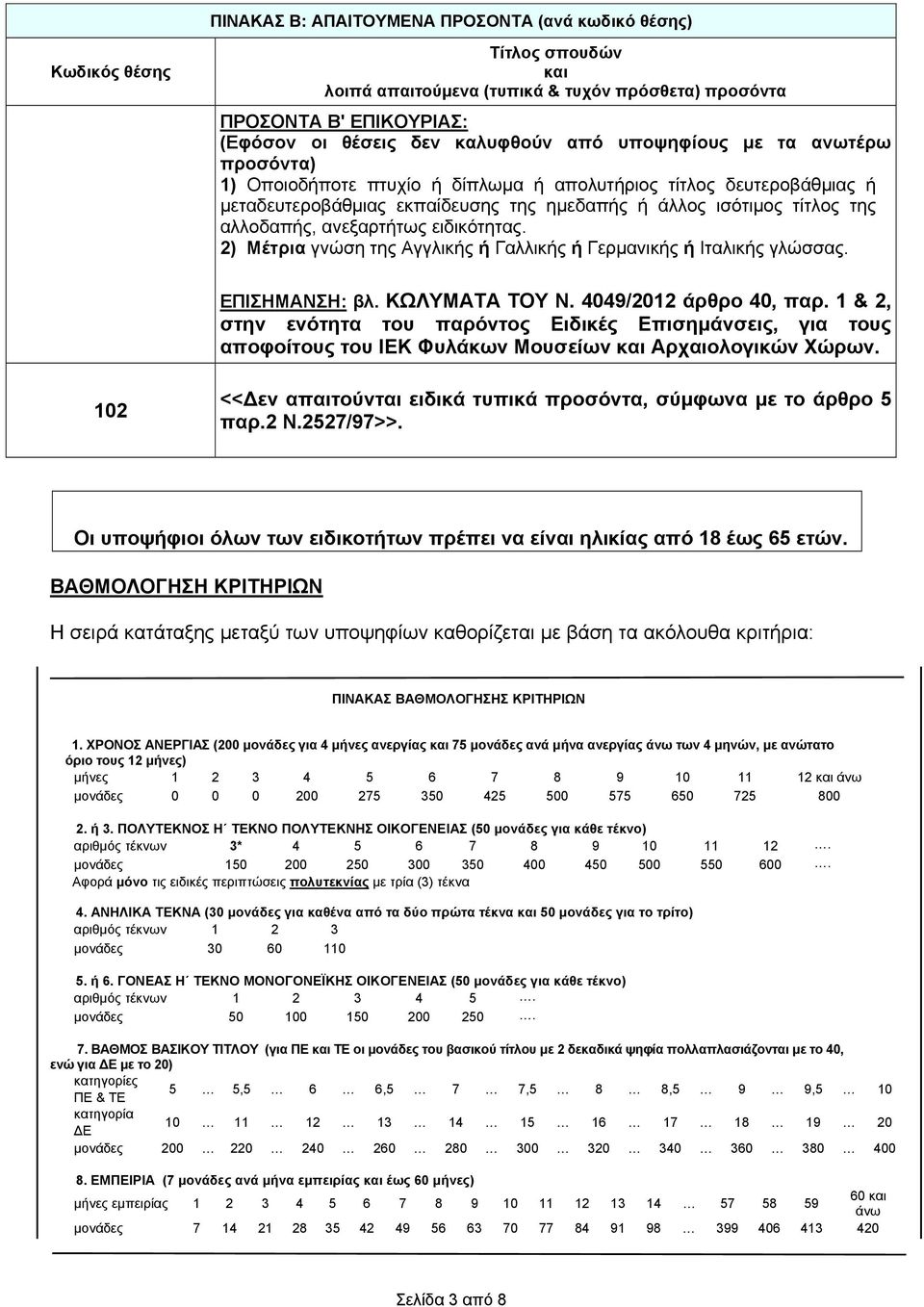 ειδικότητας. 2) Μέτρια γνώση της Αγγλικής ή Γαλλικής ή Γερμανικής ή Ιταλικής γλώσσας. ΕΠΙΣΗΜΑΝΣΗ: βλ. ΚΩΛΥΜΑΤΑ ΤΟΥ Ν. 4049/2012 άρθρο 40, παρ.