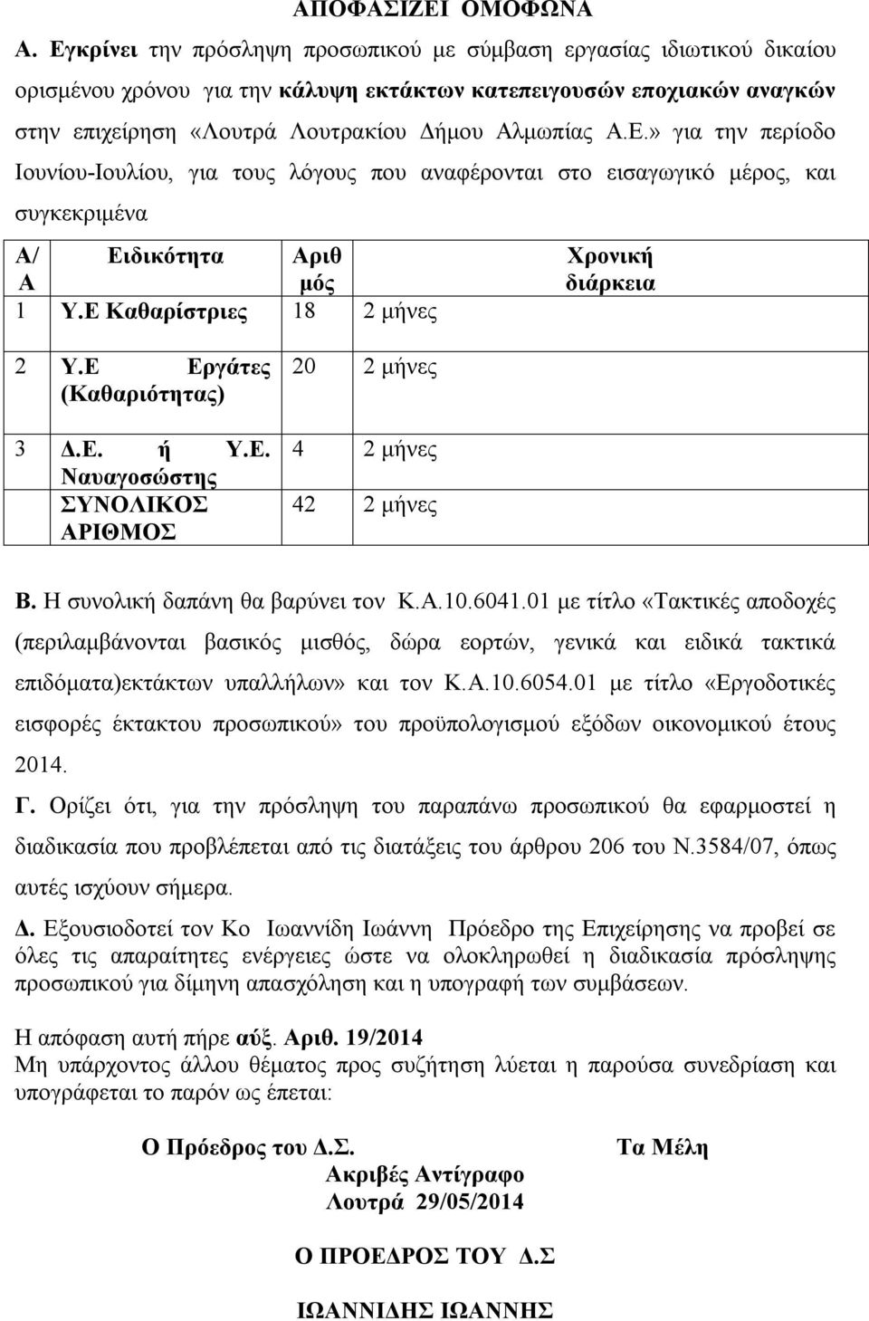 Ε Καθαρίστριες 18 2 μήνες Χρονική διάρκεια 2 Υ.Ε Εργάτες (Καθαριότητας) 3 Δ.Ε. ή Υ.Ε. Ναυαγοσώστης ΣΥΝΟΛΙΚΟΣ ΑΡΙΘΜΟΣ 20 2 μήνες 4 2 μήνες 42 2 μήνες Β. Η συνολική δαπάνη θα βαρύνει τον Κ.Α.10.6041.