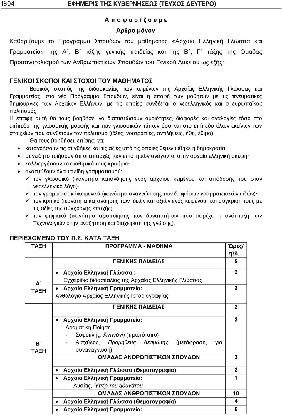 Αρχαίας Ελληνικής Γλώσσας και Γραμματείας, στο νέο Πρόγραμμα Σπουδών, είναι η επαφή των μαθητών με τις πνευματικές δημιουργίες των Αρχαίων Ελλήνων, με τις οποίες συνδέεται ο νεοελληνικός και ο