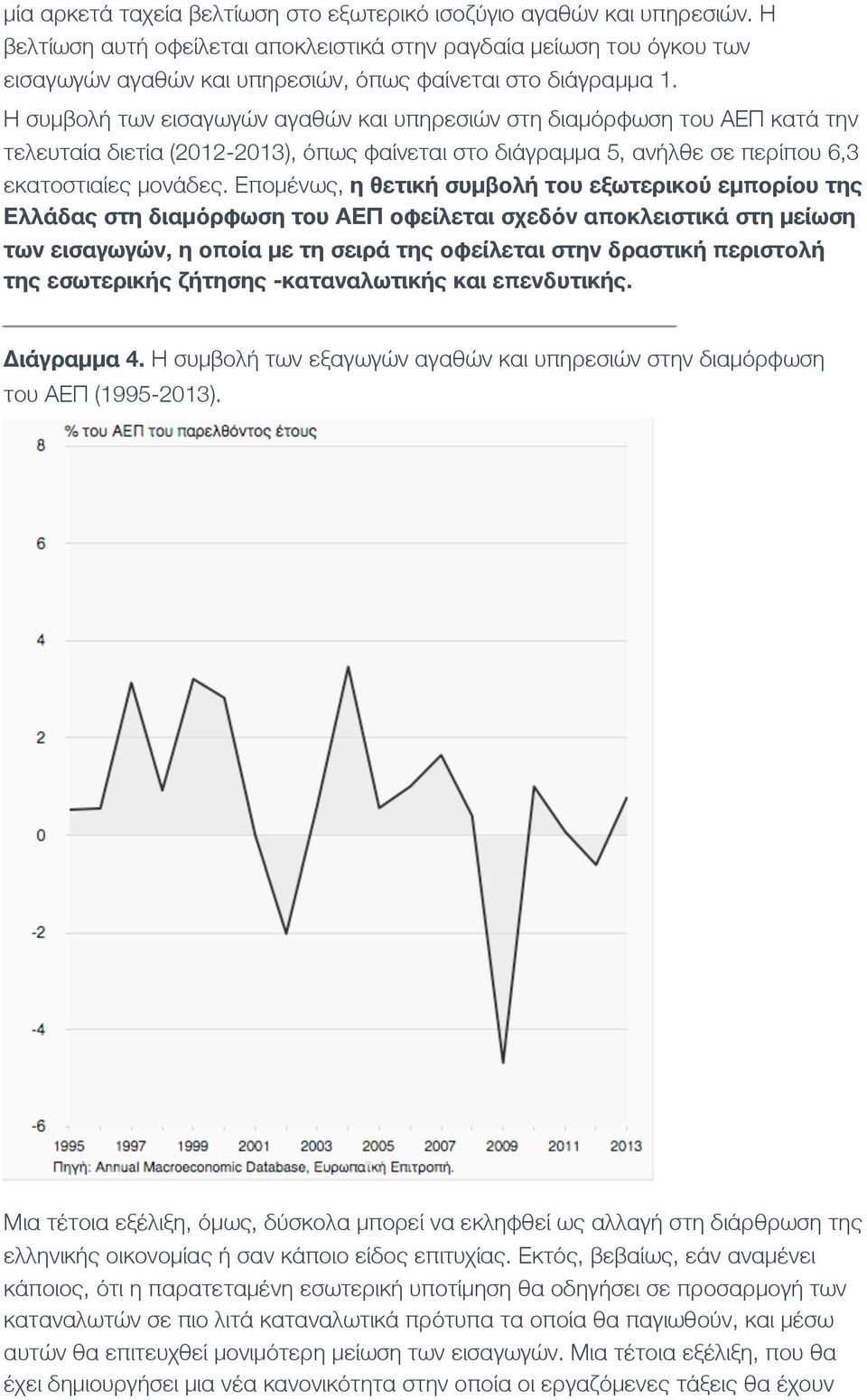 Η συμβολή των εισαγωγών αγαθών και υπηρεσιών στη διαμόρφωση του ΑΕΠ κατά την τελευταία διετία (2012-2013), όπως φαίνεται στο διάγραμμα 5, ανήλθε σε περίπου 6,3 εκατοστιαίες μονάδες.